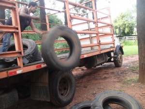Os pneus velhos são recolhidos em borracharias...